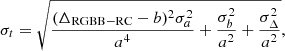 $$ \begin{aligned} \sigma _t = \sqrt{ \frac{(\Delta _\mathrm{RGBB-RC} - b)^2 \sigma _a^2}{a^4} + \frac{\sigma _b^2}{a^2} + \frac{\sigma _\Delta ^2}{a^2} } , \end{aligned} $$