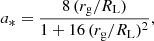 $$ \begin{aligned} a_* = \frac{8 \, (r_\mathrm{g} /R_\mathrm{L} )}{1 + 16 \, (r_\mathrm{g} /R_\mathrm{L} )^2} , \end{aligned} $$