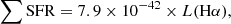 $$ \begin{aligned} \sum \mathrm{SFR} = 7.9 \times 10^{-42} \times L(\mathrm{H}\alpha ), \end{aligned} $$