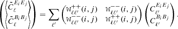 $$ \begin{aligned} \begin{pmatrix} \left\langle \tilde{C}_{\ell }^{E_iE_j}\right\rangle \\ \left\langle \tilde{C}_{\ell }^{B_iB_j}\right\rangle \end{pmatrix} = \sum _{\ell ^{\prime }} \begin{pmatrix} \mathtt W ^{++}_{\ell \ell ^{\prime }}(i,j)&\mathtt W ^{--}_{\ell \ell ^{\prime }}(i,j) \\ \mathtt W ^{--}_{\ell \ell ^{\prime }}(i,j)&\mathtt W ^{++}_{\ell \ell ^{\prime }}(i,j) \\ \end{pmatrix} \begin{pmatrix} {C}_{\ell ^{\prime }}^{E_iE_j} \\ {C}_{\ell ^{\prime }}^{B_iB_j}\end{pmatrix} . \end{aligned} $$