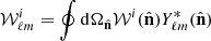 $$ \begin{aligned} \mathcal{W} _{\ell m}^{i} = \oint \mathrm{d}\Omega _{\hat{\mathbf{n }}} \mathcal{W} ^{i}(\hat{\mathbf{n }}) Y^*_{\ell m} (\hat{\mathbf{n }})\, \end{aligned} $$