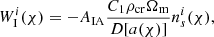 $$ \begin{aligned} W^i_{\rm I}(\chi ) = -A_{\rm IA} \frac{C_1\rho _{\rm cr}\Omega _{\rm m}}{D[a(\chi )]}n_s^i(\chi ) , \end{aligned} $$