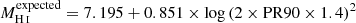$ M_{\mathrm{H}\,{\textsc{i}}}^{\mathrm{expected}} = 7.195 + 0.851 \times \log{(2 \times \mathrm{PR90} \times 1.4)^{2}} $