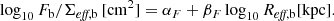$$ \begin{aligned} \log _{10} F_{\rm {b}} / \Sigma _{\textit{eff}, \mathrm {b}} \,[\mathrm {cm}^2]&= \alpha _F + \beta _F \log _{10} R_{\textit{eff}, \mathrm {b}} [\mathrm {kpc}]. \end{aligned} $$