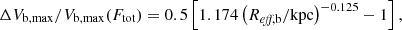 $$ \begin{aligned} \Delta V_{\rm {b, max}} / V_{\rm {b, max}} (F_{\rm {tot}}) = 0.5 \left[ 1.174 \left(R_{\textit{eff}, \mathrm {b}} / \mathrm {kpc} \right)^{-0.125} - 1 \right], \end{aligned} $$
