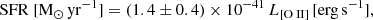 $$ \begin{aligned} \mathrm{{SFR}}~[{{\text{M}_{\odot }\,\mathrm {yr}^{-1}}}] = (1.4 \pm 0.4) \times 10^{-41}\,L_{\rm {[{\text{O}}{\small {{\text{ II}}}}]}}\,[\mathrm{{erg\,s^{-1}}}], \end{aligned} $$