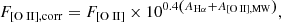 $$ \begin{aligned} F_{\rm {[{\text{O}}{\small {{\text{ II}}}}], corr}} = F_{\rm {[{\text{O}}{\small {{\text{ II}}}}]}} \times 10^{0.4 \left( A_{\mathrm{{H}}\alpha } + A_{\rm {[{\text{O}}{\small {{\text{ II}}}}], MW}} \right)}, \end{aligned} $$
