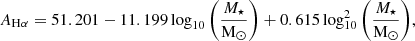 $$ \begin{aligned} A_{\mathrm{{H}}\alpha } = 51.201 - 11.199 \log _{10} \left( \frac{M_{\star }}{\mathrm{M}_{\odot }} \right) + 0.615 \log _{10}^2 \left( \frac{M_{\star }}{\mathrm{M}_{\odot }} \right)\!, \end{aligned} $$