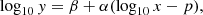 $$ \begin{aligned} \log _{10} { y} = \beta + \alpha (\log _{10} x - p), \end{aligned} $$