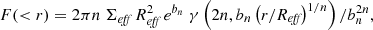 $$ \begin{aligned} F ( < r) = 2\pi n~\Sigma _{\textit{eff}}~R_{\textit{eff}}^2~e^{b_n}~\gamma \left(2n, b_n \left(r/R_{\textit{eff}} \right)^{1/n} \right) / b_n^{2n}, \end{aligned} $$