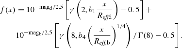 $$ \begin{aligned} f(x)&= 10^{-\mathrm{{mag_d}} /2.5} \left[ \gamma \left(2, b_1 \frac{x}{R_{\textit{eff} \mathrm {d}}} \right) - 0.5 \right] + \nonumber \\&10^{-\mathrm{{mag_b}} /2.5} \left[ \gamma \left(8, b_4 \left(\frac{x}{R_{\textit{eff}, \mathrm {b}}} \right)^{1/4} \right) / \Gamma (8) - 0.5 \right]. \end{aligned} $$