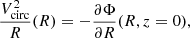 $$ \begin{aligned} \frac{V_{\rm {circ}}^2}{R}(R) = - \frac{\partial \Phi }{\partial R}(R, z=0), \end{aligned} $$