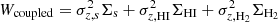 $ W_{\mathrm{coupled}}=\sigma^{2}_{z,s}\Sigma_{\mathrm{s}} + \sigma^{2}_{z,\mathrm{HI}}\Sigma_{\mathrm{HI}} + \sigma^{2}_{z,\mathrm{H_{2}}}\Sigma_{\mathrm{H_{2}}} $