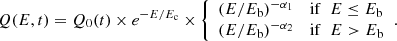 $$ \begin{aligned} Q(E,t) = Q_0(t) \times e^{-E/E_{\rm c}} \times {\left\{ \begin{array}{ll} (E/E_{\rm b})^{-\alpha _1}&\mathrm{if}\ \; E\le E_{\rm b} \\ (E/E_{\rm b})^{-\alpha _2}&\mathrm{if}\ \; E > E_{\rm b} \end{array}\right.}. \end{aligned} $$