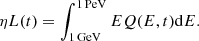 $$ \begin{aligned} \eta L(t) = \int _{\rm 1\,GeV}^\mathrm{1\,PeV} E Q(E,t) \mathrm{d}E. \end{aligned} $$