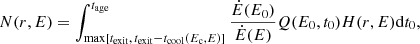 $$ \begin{aligned}&N(r,E) = \int _{\mathrm{max}[t_{\rm exit},\,t_{\rm exit}-t_{\rm cool}(E_{\rm c}, E)]}^{t_{\rm age}} \frac{\dot{E}(E_0)}{\dot{E}(E)}Q(E_0,t_0) H(r,E) \mathrm{d}t_0,\end{aligned} $$