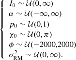 $$ \begin{aligned} {\left\{ \begin{array}{ll} I_0 \sim \mathcal{U} (0,\infty ) \\ \alpha \sim \mathcal{U} (-\infty ,\infty ) \\ p_0 \sim \mathcal{U} (0,1) \\ \chi _0 \sim \mathcal{U} (0,\pi ) \\ \phi \sim \mathcal{U} (-2000,2000) \\ \sigma _{\rm RM}^2 \sim \mathcal{U} (0,\infty ). \\ \end{array}\right.} \end{aligned} $$
