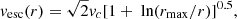 $$ \begin{aligned} { v}_{\rm esc}(r) = \sqrt{2}{ v}_c[1 + \text{ ln}({r}_{\rm max}/{r})]^{0.5}, \end{aligned} $$