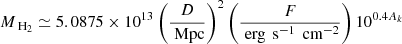 $$ \begin{aligned} {M}_{\text{ H}_2} \simeq 5.0875 \times 10^{13} \left( \frac{{D}}{\text{ Mpc}} \right)^{2} \left( \frac{{F}}{\text{ erg} \,\text{ s}^{-1}\,\text{ cm}^{-2}} \right) 10 ^{0.4 {A}_k} \end{aligned} $$