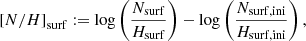 $$ \begin{aligned}{[N/H]}_\mathrm{surf} :=\log \left(\frac{N_\mathrm{surf} }{H_\mathrm{surf} }\right) -\log \left(\frac{N_\mathrm{surf,ini} }{H_\mathrm{surf,ini} }\right) ,\end{aligned} $$