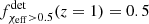 $ f^{\rm det}_{\chi_{\rm eff}>0.5}(z=1)=0.5 $