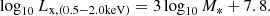 $$ \begin{aligned} \log _{\rm 10}L_{\rm x,(0.5-2.0 \mathrm{keV})} = 3\log _{\rm 10}M_{*} + 7.8. \end{aligned} $$