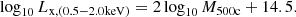 $$ \begin{aligned} \log _{\rm 10}L_{\rm x,(0.5-2.0 \mathrm{keV})} = 2\log _{\rm 10}M_{\rm 500c} + 14.5. \end{aligned} $$