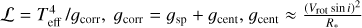 $L = T_{{\rm{eff}}}^4/{g_{{\rm{corr}}}},{g_{{\rm{corr}}}} = {g_{{\rm{sp}}}} + {g_{{\rm{cent}}}},{g_{{\rm{cent}}}} \approx {{{{\left( {{V_{{\rm{rot}}}}\sin i} \right)}^2}} \over {{R_*}}}$