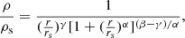 $$ \begin{aligned} \frac{\rho }{\rho _{\rm s}} = \frac{1}{(\frac{r}{r_{\rm s}})^{\gamma }[1+(\frac{r}{r_{\rm s}})^{\alpha }]^{(\beta -\gamma )/\alpha }}, \end{aligned} $$