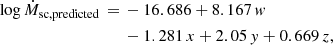 $$ \begin{aligned} \log \dot{M}_{\rm sc,predicted}\,=\,&-16.686 + 8.167\,w\nonumber \\&- 1.281\,x + 2.05\,y + 0.669\,z, \end{aligned} $$