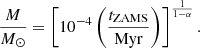 $$ \begin{aligned} \frac{M}{M_\odot } = \left[ 10^{-4}\left(\frac{t_{\rm ZAMS}}{\mathrm{Myr}} \right) \right]^{\frac{1}{1-\alpha }} .\end{aligned} $$