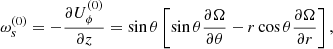 $$ \begin{aligned} \omega _{s}^{(0)}=-\frac{\partial U_{\phi }^{(0)}}{\partial z}=\sin \theta \left[ \sin \theta \frac{\partial \Omega }{\partial \theta }-r\cos \theta \frac{\partial \Omega }{\partial r}\right] , \end{aligned} $$