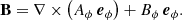 $$ \begin{aligned} \mathbf B =\nabla \times \left( A_{\phi }\,\boldsymbol{e}_{\phi }\right) +B_{\phi }\, \boldsymbol{e}_{\phi }. \end{aligned} $$