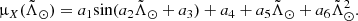 $$ \begin{aligned} \upmu _{X}({\tilde{\Lambda }_\odot }) = a_1\mathrm{sin}(a_2{\tilde{\Lambda }_\odot } + a_3) +a_4 +a_5{\tilde{\Lambda }_\odot } +a_6{\tilde{\Lambda }_\odot }^2 .\end{aligned} $$