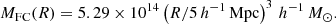 $$ \begin{aligned} M_{\rm FC}(R) = 5.29 \times 10^{14} \left(R/5\,h^{-1}\,\mathrm{Mpc}\right)^3\,h^{-1}\,M_\odot . \end{aligned} $$
