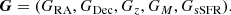 $$ \begin{aligned} {\boldsymbol{G}} = (G_{\rm RA}, G_{\rm Dec}, G_{z}, G_{M}, G_{\rm sSFR}). \end{aligned} $$
