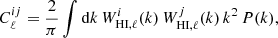 $$ \begin{aligned} C^{ij}_\ell = \frac{2}{\pi } \int \mathrm{d}k \, W^i_{\mathrm{HI},\ell }(k) \, W^j_{\mathrm{HI},\ell }(k) \, k^2 \, P(k), \end{aligned} $$