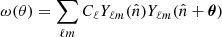 $$ \begin{aligned} \omega (\theta )&= \sum _{\ell m} C_\ell Y_{\ell m}(\hat{n}) Y_{\ell m}(\hat{n} + \boldsymbol{\theta }) \end{aligned} $$
