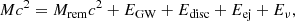 $$ \begin{aligned} M c^2 = M_{\rm rem}c^2 + E_{\rm GW} + E_{\rm disc} + E_{\rm ej} + E_{\rm \nu }, \end{aligned} $$