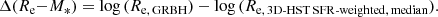 $$ \begin{aligned} {\Delta (R_{\rm {e}}{-}M_{\rm {*}})}= \log {(R_{\rm {e,\, GRBH}})} - \log {(R_{\rm {e,\, 3D\text{-}HST\, SFR\text{-}weighted,\, median}})}. \end{aligned} $$