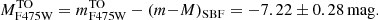 $$ \begin{aligned} M^\mathrm{TO}_{\rm F475W}=m^\mathrm{TO}_{\rm F475W}-(m{-}M)_{\rm SBF}=-7.22\pm 0.28\,\mathrm{mag}. \end{aligned} $$