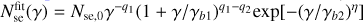 $N_{{\rm{se}}}^{{\rm{fit}}}\left( \gamma \right) = {N_{{\rm{se,0}}}}{\gamma ^{ - {q_1}}}{\left( {1 + \gamma /{\gamma _{b1}}} \right)^{{q_1} - {q_2}}}\exp \left[ { - {{\left( {\gamma /{\gamma _{b2}}} \right)}^\eta }} \right]$