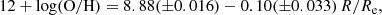 $$ \begin{aligned} 12 + \mathrm{log(O/H)} = 8.88 ({\pm }0.016) - 0.10 ({\pm }0.033)\,R/R_{\rm e}, \end{aligned} $$