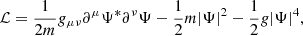 $$ \begin{aligned} \mathcal{L} = \frac{1}{2m}g_{\mu \nu }\partial ^{\mu }\Psi ^{*}\partial ^{\nu }\Psi - \frac{1}{2}m|\Psi |^2 - \frac{1}{2}g|\Psi |^4, \end{aligned} $$