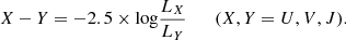 $$ \begin{aligned} X-Y = -2.5 \times \mathrm{log} \frac{L_{X}}{L_{Y}} \qquad {(X, Y = U, V, J)}. \end{aligned} $$