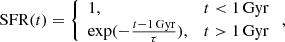 $$ \begin{aligned} \mathrm{SFR}(t)=\left\{ \begin{array}{lr} 1,&t < 1\,\mathrm{Gyr} \\ \exp (-\frac{t-1\,\mathrm{Gyr}}{\tau }),&t > 1\,\mathrm{Gyr}\\ \end{array} \right., \end{aligned} $$