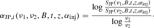$$ \begin{aligned} \alpha _{\mathrm{JP} ,i}({\nu _1,\nu _{2},B,t,z,\alpha _{\rm inj}}) = \frac{\log {\frac{S_{\rm JP}(\nu _1,B,t,z,\alpha _{\rm inj})}{S_{\rm JP}(\nu _2,B,t,z,\alpha _{\rm inj})}}}{\log {\frac{{\nu _1}}{{\nu _2}}}}\cdot \end{aligned} $$