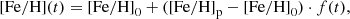 $$ \begin{aligned} \mathrm{[Fe/H]} (t) = \mathrm{[Fe/H]} _0 + (\mathrm{[Fe/H]} _\mathrm{p} - \mathrm{[Fe/H]} _0) \cdot f(t), \end{aligned} $$
