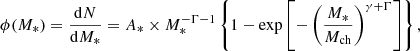 $$ \begin{aligned} \phi (M_{*}) = \frac{\mathrm{d}N}{\mathrm{d}M_{*}}=A_{*}\times M_{*}^{-\Gamma -1}\left\{ 1-\exp \left[-\left(\frac{M_{*}}{M_{\rm ch}}\right)^{\gamma +\Gamma }\right]\right\} , \end{aligned} $$