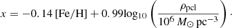 $$ \begin{aligned} x = -0.14\left[\mathrm{Fe/H}\right] + 0.99 \mathrm{log_{10}}\left(\frac{\rho _{\rm pcl}}{10^{6}\,M_{\odot }\,\mathrm{pc}^{-3}}\right)\cdot \end{aligned} $$
